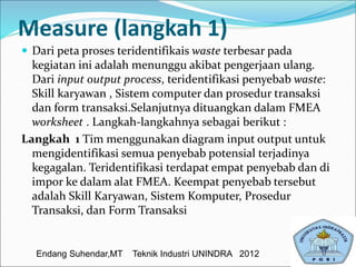 Measure (langkah 1)
 Dari peta proses teridentifikais waste terbesar pada
kegiatan ini adalah menunggu akibat pengerjaan ulang.
Dari input output process, teridentifikasi penyebab waste:
Skill karyawan , Sistem computer dan prosedur transaksi
dan form transaksi.Selanjutnya dituangkan dalam FMEA
worksheet . Langkah-langkahnya sebagai berikut :
Langkah 1 Tim menggunakan diagram input output untuk
mengidentifikasi semua penyebab potensial terjadinya
kegagalan. Teridentifikasi terdapat empat penyebab dan di
impor ke dalam alat FMEA. Keempat penyebab tersebut
adalah Skill Karyawan, Sistem Komputer, Prosedur
Transaksi, dan Form Transaksi
Endang Suhendar,MT Teknik Industri UNINDRA 2012
 