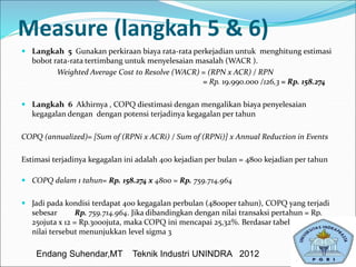  Langkah 5 Gunakan perkiraan biaya rata-rata perkejadian untuk menghitung estimasi
bobot rata-rata tertimbang untuk menyelesaian masalah (WACR ).
Weighted Average Cost to Resolve (WACR) = (RPN x ACR) / RPN
= Rp. 19.990.000 /126,3 = Rp. 158.274
 Langkah 6 Akhirnya , COPQ diestimasi dengan mengalikan biaya penyelesaian
kegagalan dengan dengan potensi terjadinya kegagalan per tahun
COPQ (annualized)= [Sum of (RPNi x ACRi) / Sum of (RPNi)] x Annual Reduction in Events
Estimasi terjadinya kegagalan ini adalah 400 kejadian per bulan = 4800 kejadian per tahun
 COPQ dalam 1 tahun= Rp. 158.274 x 4800 = Rp. 759.714.964
 Jadi pada kondisi terdapat 400 kegagalan perbulan (4800per tahun), COPQ yang terjadi
sebesar Rp. 759.714.964. Jika dibandingkan dengan nilai transaksi pertahun = Rp.
250juta x 12 = Rp.3000juta, maka COPQ ini mencapai 25,32%. Berdasar tabel 2, maka
nilai tersebut menunjukkan level sigma 3
Measure (langkah 5 & 6)
Endang Suhendar,MT Teknik Industri UNINDRA 2012
 