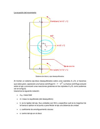 La ecuación del movimiento
Sistema de disco y eje desequilibrados.
Al montar un sistema eje-disco desequilibrados sobre unos cojinetes A y B, si hacemos
que estos giren, aparecerá una fuerza centrífuga . La fuerza centrífuga actuará
sobre el eje y provocará unas reacciones giratorias en los cojinetes A y B, como podemos
ver en la figura.
Usaremos la siguiente notación:
 mtot: masa total
 m: masa no equilibrada (del desequilibrio)
 k: es la rigidez del eje. Sus unidades son N/m y especifica cuál es la magnitud de
la fuerza a aplicar en el punto o para flectar al eje una distancia de unidad
 c: coeficiente de amortiguamiento viscoso
 o: centro del eje en el disco
 