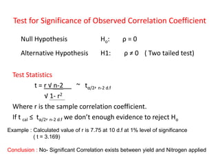 Test for Significance of Observed Correlation Coefficient
Null Hypothesis Ho: ρ = 0
Alternative Hypothesis H1: ρ ≠ 0 ( Two tailed test)
Test Statistics
t = r √ n-2 ~ tα/2, n-2 d.f
√ 1- r2
Where r is the sample correlation coefficient.
If t cal ≤ tα/2, n-2 d.f we don’t enough evidence to reject Ho
Example : Calculated value of r is 7.75 at 10 d.f at 1% level of significance
( t = 3.169)
Conclusion : No- Significant Correlation exists between yield and Nitrogen applied
 