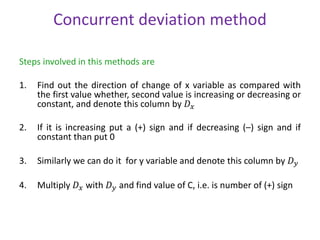 Concurrent deviation method
Steps involved in this methods are
1. Find out the direction of change of x variable as compared with
the first value whether, second value is increasing or decreasing or
constant, and denote this column by 𝐷𝑥
2. If it is increasing put a (+) sign and if decreasing (–) sign and if
constant than put 0
3. Similarly we can do it for y variable and denote this column by 𝐷𝑦
4. Multiply 𝐷𝑥 with 𝐷𝑦 and find value of C, i.e. is number of (+) sign
 
