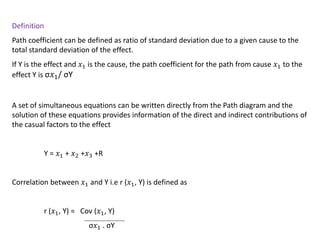 Definition
Path coefficient can be defined as ratio of standard deviation due to a given cause to the
total standard deviation of the effect.
If Y is the effect and 𝑥1 is the cause, the path coefficient for the path from cause 𝑥1 to the
effect Y is σ𝑥1/ σY
A set of simultaneous equations can be written directly from the Path diagram and the
solution of these equations provides information of the direct and indirect contributions of
the casual factors to the effect
Y = 𝑥1 + 𝑥2 +𝑥3 +R
Correlation between 𝑥1 and Y i.e r (𝑥1, Y) is defined as
r (𝑥1, Y) = Cov (𝑥1, Y)
σ𝑥1 . σY
 