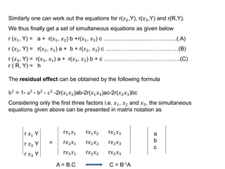 Similarly one can work out the equations for r(𝑥2,Y), r(𝑥3,Y) and r(R,Y).
We thus finally get a set of simultaneous equations as given below
r (𝑥1, Y) = a + r(𝑥1, 𝑥2) b +r(𝑥1, 𝑥3) c …………………………………(.A)
r (𝑥2, Y) = r(𝑥2, 𝑥1) a + b + r(𝑥2, 𝑥3) c …………………………………(B)
r (𝑥3, Y) = r(𝑥3, 𝑥1) a + r(𝑥3, 𝑥2) b + c …………………………………..(C)
r ( R, Y) = h
The residual effect can be obtained by the following formula
h2 = 1- a2 - b2 - c2 -2r(𝑥1𝑥2)ab-2r(𝑥1𝑥3)ac-2r(𝑥2𝑥3)bc
Considering only the first three factors i.e. 𝑥1, 𝑥2 and 𝑥3, the simultaneous
equations given above can be presented in matrix notation as
r 𝑥1 Y
r 𝑥2 Y
r 𝑥3 Y
r𝑥1𝑥1 r𝑥1𝑥2 r𝑥1𝑥3
r𝑥2𝑥1 r𝑥2𝑥2 r𝑥2𝑥3
r𝑥3𝑥1 r𝑥3𝑥2 r𝑥3𝑥3
=
a
b
c
A = B.C C = B-1A
 
