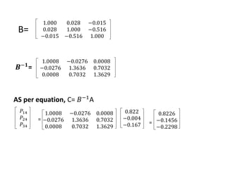 B=
𝑩−𝟏=
AS per equation, C= 𝐵−1A
1.000 0.028 −0.015
0.028 1.000 −0.516
−0.015 −0.516 1.000
1.0008 −0.0276 0.0008
−0.0276 1.3636 0.7032
0.0008 0.7032 1.3629
𝑃14
𝑃24
𝑃34
=
1.0008 −0.0276 0.0008
−0.0276 1.3636 0.7032
0.0008 0.7032 1.3629
0.822
−0.004
−0.167 =
0.8226
−0.1456
−0.2298
 