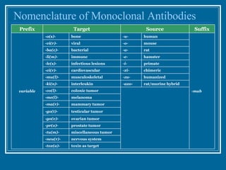 Nomenclature of Monoclonal Antibodies toxin as target -tox(a)- nervous system -neu(r)- miscellaneous tumor -tu(m)- prostate tumor -pr(o)- ovarian tumor -go(v)- testicular tumor -go(t)- mammary tumor -ma(r)- melanoma -me(l)- colonic tumor -co(l)- rat/murine hybrid -axo- interleukin -ki(n)- humanized -zu- musculoskeletal -mu(l)- chimeric -xi- cardiovascular -ci(r)- primate -i- infectious lesions -le(s)- hamster -e- immune -li(m)- rat -a- bacterial -ba(c)- mouse -o- viral -vi(r)- -mab human -u- bone -o(s)- variable Suffix Source Target Prefix 