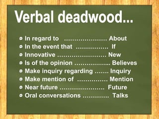 In regard to ………………… About
In the event that ……………. If
Innovative …………………… New
Is of the opinion ……………... Believes
Make inquiry regarding ……. Inquiry
Make mention of …………… Mention
Near future …………………. Future
Oral conversations …………. Talks
 
