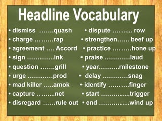 • dismiss …….quash • dispute …….... row
• charge ………rap • strengthen…... beef up
• agreement …. Accord • practice ………hone up
• sign ………….ink • praise …………laud
• question …….grill • year……….milestone
• urge …………prod • delay …………snag
• mad killer …..amok • identify ……….finger
• capture ……...net • start …………..trigger
• disregard ……rule out • end …………...wind up
 