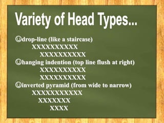 ☺drop-line (like a staircase)
XXXXXXXXXX
XXXXXXXXXX
☺hanging indention (top line flush at right)
XXXXXXXXXX
XXXXXXXXXX
☺inverted pyramid (from wide to narrow)
XXXXXXXXXXX
XXXXXXX
XXXX
 