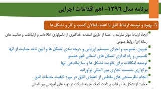 ‫سال‬ ‫برنامه‬1396-‫اجرايي‬ ‫اقدامات‬ ‫اهم‬
6.‫بهبود‬‫توسعه‬ ‫و‬‫اتاق‬ ‫ارتباط‬‫فعاالن‬ ،‫اعضا‬ ‫با‬‫کسب‬‫و‬ ‫کار‬ ‫و‬‫تش‬‫ها‬ ‫کل‬
•‫ایجاد‬‫ارتباط‬‫موثر‬‫سازنده‬‫با‬‫اعضا‬‫از‬‫طریق‬‫استفاده‬‫حداکثری‬‫از‬‫تکنولوژی‬‫اطالعات‬‫و‬‫ارتباطات‬‫و‬‫فع‬‫الیت‬‫های‬
‫رسانه‬‫ای‬/‫روابط‬‫عمومی‬
•،‫تدوین‬‫تصویب‬‫و‬‫اجرای‬‫سیستم‬‫ارزیابی‬‫و‬‫درجه‬‫بندی‬‫تشکل‬‫ها‬‫و‬‫آئین‬‫نامه‬‫حمای‬‫ت‬‫از‬‫انها‬
•‫تاسیس‬‫و‬‫راه‬‫اندازی‬‫تشکل‬‫های‬‫استانی‬‫غیر‬‫همسو‬
•‫توسعه‬‫امکانات‬‫برای‬‫تقویت‬‫تشکل‬‫ها‬‫و‬‫سازماندهی‬‫انها‬
•‫برگزاری‬‫نشست‬‫تجاری‬‫بین‬‫المللی‬‫نوآورانه‬
•‫انجام‬‫نظرسنجی‬‫های‬‫مقطعی‬‫از‬‫اعضای‬‫اتاق‬‫در‬‫مورد‬‫کیفیت‬‫خدمات‬‫اتاق‬
•‫حمایت‬‫از‬‫تشکل‬‫ها‬‫در‬‫قالب‬‫پرداخت‬‫کمک‬‫هزینه‬‫شرکت‬‫در‬‫دوره‬‫های‬‫آموزشی‬‫بین‬‫المللی‬
15
 