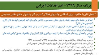 ‫سال‬ ‫برنامه‬1396-‫اجرايي‬ ‫اقدامات‬ ‫اهم‬
1.‫تعامل‬‫با‬ ‫اتاق‬‫برای‬ ‫حاکمیت‬‫انعکاس‬‫چالشهای‬‫بخش‬ ‫منافع‬ ‫از‬ ‫دفاع‬ ‫و‬ ‫کار‬ ‫و‬ ‫کسب‬ ‫فعاالن‬‫خصوصی‬
•‫تمرکز‬‫بر‬‫هشت‬‫مانع‬‫مهم‬‫رقابت‬‫پذیری‬‫بخش‬‫خصوصی‬‫و‬‫تالش‬‫برای‬‫رفع‬‫آنها‬(‫موضوع‬‫اولویت‬‫های‬‫ک‬‫اری‬
‫کمیسیون‬‫های‬‫اتاق‬)
•‫بررسی‬‫و‬‫تحلیل‬‫شاخص‬‫تجارت‬‫فرامرزی‬‫در‬‫گزارش‬‫انجام‬‫کسب‬‫و‬‫کار‬‫بانک‬‫جهانی‬‫و‬‫تالش‬‫برای‬‫اص‬‫الح‬‫و‬
‫بهبود‬‫رتبه‬‫ایران‬‫در‬‫این‬‫شاخص‬
•‫بررسی‬‫و‬‫احصای‬‫رویه‬‫ها‬‫و‬‫مقررات‬‫فسادزا‬/‫تهیه‬‫دایرکتوری‬‫قابل‬‫کنترل‬‫برای‬‫بنگاهها‬‫و‬‫صدور‬‫گواه‬‫ی‬‫نامه‬‫های‬
‫مربوط‬
•‫بررسی‬‫و‬‫تهیه‬‫گزارشات‬‫و‬‫مکاتبات‬‫مربوط‬‫به‬‫تحلیل‬‫عملکرد‬‫بودجه‬1396‫و‬‫الیحه‬‫بودجه‬1397
•‫برگزاری‬‫منظم‬‫جلسات‬‫شورای‬‫گفتگوی‬‫استان‬‫برای‬‫طرح‬‫و‬‫پیگیری‬‫مسائل‬‫بخش‬‫خصوصی‬‫استان‬
•‫شناسایی‬‫قوانین‬‫و‬‫مقررات‬‫مخل‬‫محیط‬‫کسب‬‫و‬‫کار‬
•‫انجام‬‫مطالعات‬‫و‬‫بررسی‬‫های‬‫کارشناسی‬‫فاخر‬‫و‬‫ارزنده‬‫از‬‫چالش‬‫های‬‫بخش‬‫خصوصی‬‫با‬‫رویکرد‬‫استخراج‬‫راهکارهای‬‫مشخص‬‫ب‬‫رای‬
‫رفع‬‫مسائل‬‫بخش‬‫خصوصی‬ 9
 