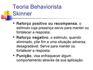Teoria Behaviorista
Skinner
 Reforço positivo ou recompensa, o
estimulo cuja presença serve para manter ou
fortalecer a resposta;
 Reforço negativo, o estimulo, quando
eliminado, põe fim a uma situação adversa,
desagradável. Serve para manter ou
fortalecer a resposta;
 Punição, visa enfraquecer algum
comportamento através da sua aplicação.
 