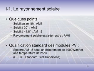 15
I-1. Le rayonnement solaire
• Quelques points :
– Soleil au zénith : AM1
– Soleil à 30° : AM2
– Soleil à 41,8° : AM1,5
– Rayonnement solaire extra-terrestre : AM0
• Qualification standard des modules PV :
– Spectre AM1,5 sous un éclairement de 1000W/m² et
une température de 25°C
(S.T.C. : Standard Test Conditions)
 