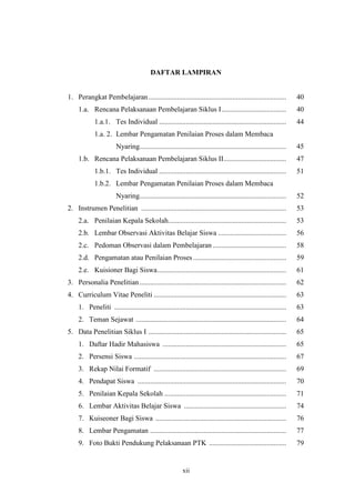 DAFTAR LAMPIRAN 
1. Perangkat Pembelajaran............................................................................. 40 
1.a. Rencana Pelaksanaan Pembelajaran Siklus I .................................... 40 
1.a.1. Tes Individual ....................................................................... 44 
1.a. 2. Lembar Pengamatan Penilaian Proses dalam Membaca 
Nyaring.................................................................................. 45 
1.b. Rencana Pelaksanaan Pembelajaran Siklus II................................... 47 
1.b.1. Tes Individual ....................................................................... 51 
1.b.2. Lembar Pengamatan Penilaian Proses dalam Membaca 
Nyaring.................................................................................. 52 
2. Instrumen Penelitian ................................................................................. 53 
2.a. Penilaian Kepala Sekolah.................................................................. 53 
2.b. Lembar Observasi Aktivitas Belajar Siswa ...................................... 56 
2.c. Pedoman Observasi dalam Pembelajaran ......................................... 58 
2.d. Pengamatan atau Penilaian Proses .................................................... 59 
2.e. Kuisioner Bagi Siswa........................................................................ 61 
3. Personalia Penelitian.................................................................................. 62 
4. Curriculum Vitae Peneliti .......................................................................... 63 
1. Peneliti ................................................................................................ 63 
2. Teman Sejawat .................................................................................... 64 
5. Data Penelitian Siklus I ............................................................................. 65 
1. Daftar Hadir Mahasiswa ..................................................................... 65 
2. Persensi Siswa ..................................................................................... 67 
3. Rekap Nilai Formatif .......................................................................... 69 
4. Pendapat Siswa ................................................................................... 70 
5. Penilaian Kepala Sekolah .................................................................... 71 
6. Lembar Aktivitas Belajar Siswa ......................................................... 74 
7. Kuiseoner Bagi Siswa ......................................................................... 76 
8. Lembar Pengamatan ............................................................................ 77 
9. Foto Bukti Pendukung Pelaksanaan PTK ........................................... 79 
xii 
 