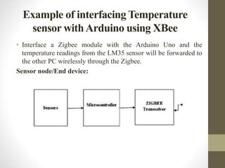 Example of interfacing Temperature
sensor withArduino using XBee
• Interface a Zigbee module with the Arduino Uno and the
temperature readings from the LM35 sensor will be forwarded to
the other PC wirelessly through the Zigbee.
Sensor node/End device:
 