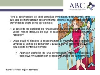 Fuente: Escuela de Seguros SEGURTEC
Pero a continuación de tales perdidas inmediatas, encontramos otras
que solo se manifestaran posteriormente; algunas de ellas las podemos
prever desde ahora como por ejemplo:
 El costo de los ejercicios de rehabilitación de la pierna lesionada, aún
varios meses después de que el caso se encuentre judicialmente
resuelto y
 Otras quizá ni siquiera la sospechamos, al momento del accidente,
tampoco al tiempo de demandar y quizá ni aun al momento en que el
juez expida sentencia ejemplo:
 Aparición posterior de una complicación médica inesperada,
pero cuya vinculación con el accidente puede ser demostrada).
 