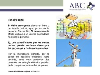 Fuente: Escuela de Seguros SEGURTEC
Por otra parte:
El daño emergente afecta un bien o
un interés actual, que ya es de la
persona; En cambio, El lucro cesante
afecta un bien o un interés que todavía
no es de la persona.
Ej. Los damnificados por los cortes
de luz pueden reclamar dinero por
los perjuicios y daños ocasionados
Por la mercadería perdida, por lo
daños en aparatos eléctricos, lucro
cesante, entre otros perjuicios, los
usuarios de energía eléctrica pueden
pedir compensaciones a las empresas.
 
