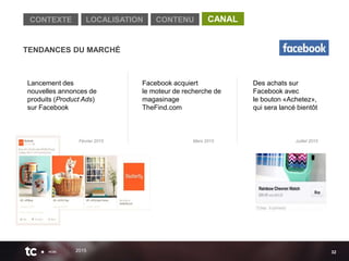 Facebook acquiert
le moteur de recherche de
magasinage
TheFind.com
Mars 2015
Des achats sur
Facebook avec
le bouton «Achet...