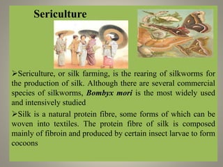 Sericulture
Sericulture, or silk farming, is the rearing of silkworms for
the production of silk. Although there are several commercial
species of silkworms, Bombyx mori is the most widely used
and intensively studied
Silk is a natural protein fibre, some forms of which can be
woven into textiles. The protein fibre of silk is composed
mainly of fibroin and produced by certain insect larvae to form
cocoons
 