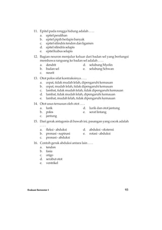 Evaluasi Semester I 93
11. Epitel pada rongga hidung adalah . . . .
a. epitelperalihan
b. epitel pipih berlapis banyak
c. epitelsilindristendondanligamen
d. epitelsilindrisselapis
e. epitelkubusselapis
12. Bagian neuron menjulur keluar dari badan sel yang berfungsi
membawa rangsang ke badan sel adalah . . . .
a. dendrit d. selubungMyelin
b. badan sel e. selubung Schwan
c. neurit
13. Otot polos sifat kontraksinya . . . .
a. cepat, tidak mudah lelah, dipengaruhi kemauan
b. cepat, mudah lelah, tidak dipengaruhi kemauan
c. lambat, tidak mudah lelah, tidak dipengaruhi kemauan
d. lambat, tidak mudah lelah, dipengaruhi kemauan
e. lambat, mudah lelah, tidak dipengaruhi kemauan
14. Otot usus tersusun oleh otot . . . .
a. lurik d. lurik dan otot jantung
b. polos e. serat lintang
c. jantung
15. Dari gerak antagonis di bawah ini, pasangan yang cocok adalah
. . . .
a. fleksi - abduksi d. abduksi - ekstensi
b. pronasi-supinasi e. rotasi - abduksi
c. pronasi - abduksi
16. Contoh gerak abduksi antara lain . . . .
a. tendon
b. fasia
c. origo
d. serabutotot
e. ventrikel
 