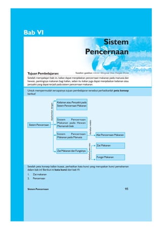 Sistem Pencernaan 95
1. Zat makanan
2. Pencernaan
Bab VI
dijelaskansatu-satu
Untuk mempermudah tercapainya tujuan pembelajaran tersebut perhatikanlah peta konsep
berikut!
Setelah peta konsep kalian kuasai, perhatikan kata kunci yang merupakan kunci pemahaman
dalam bab ini! Berikut ini kata kunci dari bab VI:
Sistem Pencernaan
Kelainan atau Penyakit pada
SistemPencernaanMakanan
dipahamkandengan
Zat Makanan
Fungsi Makanan
Sistem Pencernaan
Makanan pada Hewan
Memamah biak
Sistem Pencernaan
Makanan pada Manusia
ZatMakanandanFungsinya
Alat Pencernaan Makanan
diuraikanmelalui
Sistem Pencernaan 95
Sistem
Pencernaan
Tujuan Pembelajaran:
Setelah mempelajari bab ini, kalian dapat menjelaskan pencernaan makanan pada manusia dan
hewan, pentingnya makanan bagi kalian, selain itu kalian juga dapat menjelaskan kelainan atau
penyakit yang dapat terjadi pada sistem pencernaan makanan.
Sumber gambar: Glorier Mengenal Ilmu Pangan Dunia
 