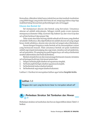 4 Panduan Pembelajaran BIOLOGI XI SMA/MA
Latihan 1.1
Kemudian, diketahui tidak hanya tubuh hewan dan tumbuh-tumbuhan
yang lebih tinggi yang terdiri dari banyak sel, tetapi juga bahwa tiap-tiap
makhluk hidup berasal dari perkembangan satu sel tunggal.
Ukuran dan Bentuk Sel
Sel mempunyai ukuran dan bentuk yang bervariasi. Umumnya
ukuran sel adalah mikroskopis. Sebagai contoh pada ovum manusia
mempunyai diameter 100μ, erytrosit 10μ, bakteri 1μ, dan virus 0,1μ dan
sel-sel lain berkisar 0,4μsampai 10μ.
Telur ayam atau telur burung adalah sebuah sel di mana yang disebut
sel adalah vitellusnya. Jika diperhatikan ini adalah ukuran sel yang sangat
besar, itulah sebabnya, ukuran rata-rata dari sel sangat sukar ditentukan.
Sesuai dengan fungsinya maka bentuk sel itu menunjukkan variasi
yang bermacam-macam. Pada umumnya bentuk sel pada tumbuhan
adalah segi empat memanjang atau segi enam, misalnya sel-sel epidermis,
sel-sel parenkim. Di samping itu pada bagian kayu sel-selnya berbentuk
serabut (sklerenkim) dan bulat (kolenkim).
Bentukselpadahewandanmanusiajugabermacam-macam,terutama
sel-sel jaringan kulit tepi, kita kenal antara lain:
1. Selapis sel bulat pipih disebut sel squamosa simplek.
2. Sel bulat pipih berlapis disebut squamosa komplek.
3. Sel berbentuk kubus disebut kuboid.
4. Sel berbentuk segi empat disebut kolumner.
Latihan 1.1 berikut ini merupakan latihan agar kalian berpikir kritis.
Mengapa telur ayam yang berukuran besar itu merupakan sebuah sel?
B. Perbedaan Struktur Sel Tumbuhan dan Hewan
PerbedaanstrukturseltumbuhandanhewandapatdilihatdalamTabel1.1
berikut.
 