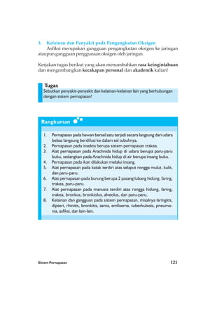 Sistem Pernapasan 121
Rangkuman
Tugas
3. Kelainan dan Penyakit pada Pengangkutan Oksigen
Asfiksi merupakan gangguan pengangkutan oksigen ke jaringan
ataupun gangguan penggunaan oksigen oleh jaringan.
Kerjakan tugas berikut yang akan menumbuhkan rasa keingintahuan
dan mengembangkan kecakapan personal dan akademik kalian!
1. Pernapasan pada hewan bersel satu terjadi secara langsung dari udara
bebas langsung berdifusi ke dalam sel tubuhnya.
2. Pernapasan pada insekta berupa sistem pernapasan trakea.
3. Alat pernapasan pada Arachnida hidup di udara berupa paru-paru
buku, sedangkan pada Arachnida hidup di air berupa insang buku.
4. Pernapasan pada ikan dilakukan melalui insang.
5. Alat pernapasan pada katak terdiri atas selaput rongga mulut, kulit,
dan paru-paru.
6. Alat pernapasan pada burung berupa 2 pasang lubang hidung, faring,
trakea, paru-paru.
7. Alat pernapasan pada manusia terdiri atas rongga hidung, faring,
trakea, bronkus, bronkiolus, alveolus, dan paru-paru.
8. Kelainan dan gangguan pada sistem pernapasan, misalnya laringitis,
dipteri, rhinitis, bronkitis, asma, emfisema, tuberkulosis, pneumo-
nia, asfiksi, dan lain-lain.
Sebutkan penyakit-penyakit dan kelainan-kelainan lain yang berhubungan
dengan sistem pernapasan!
 