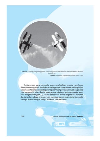 126 Panduan Pembelajaran BIOLOGI XI SMA/MA
Setiap mesin yang kompleks akan menghasilkan sesuatu yang harus
dikeluarkan sebagai hasil pembakaran, sebagai contohnya pesawat terbang bahan
bakar bensol akan dipakai sebagai tenaga dan hasil pembakarannya berupa asap
yang mengepul di udara. Begitu pula manusia, tubuhnya begitu kompleks, paru-
paru mengeluarkan gas CO2
, saluran pencernaan membuang sisa-sisa makanan
dan bahan lain sebagai tinja, dan kulit membuat garam-garam tertentu melalui
keringat. Bahan buangan lainnya adalah air seni atau urine.
Gambar 8.1 Asap yang mengepul di udara yang keluar dari pesawat merupakan hasil ekskresi
pesawat itu
Sumber: Ensiklopedi Umum untuk Pelajar Jilid 3 : 2005
126 Panduan Pembelajaran BIOLOGI XI SMA/MA
 