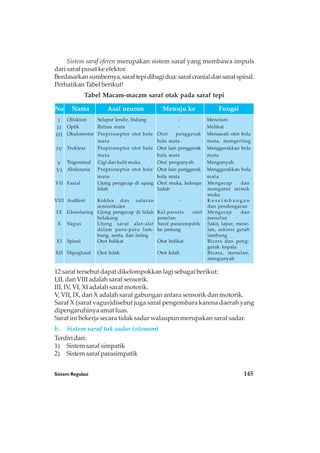 Sistem Regulasi 145
12 saraf tersebut dapat dikelompokkan lagi sebagai berikut:
I,II, dan VIII adalah saraf sensorik.
III, IV, VI, XI adalah saraf motorik.
V, VII, IX, dan X adalah saraf gabungan antara sensorik dan motorik.
Saraf X (saraf vagus)disebut juga saraf pengembara karena daerah yang
dipengaruhinya amat luas.
Saraf ini bekerja secara tidak sadar walaupun merupakan saraf sadar.
b. Sistem saraf tak sadar (otonom)
Terdiridari:
1) Sistem saraf simpatik
2) Sistem saraf parasimpatik
No Nama Asal neuron Menuju ke Fungsi
I
I I
III
IV
V
VI
Olfaktori
Optik
Okulomotor
Troklear
Trigeminal
Abdusena
Selaput lendir, hidung
Retina mata
Proprioseptor otot bola
mata
Proprioseptor otot bola
mata
Gigi dan kulit muka
Proprioseptor otot bola
mata
-
-
Otot penggerak
bola mata
Otot lain penggerak
bola mata
Otot pengunyah
Otot lain penggerak
bola mata
Mencium
Melihat
Mensarafi otot bola
mata, mengerling
Menggerakkan bola
mata
Mengunyah
Menggerakkan bola
mata
VII
VIII
IX
X
XI
XII
Fasial
Auditori
Glosofaring
Vagus
Spinal
Hipoglosal
Ujung pengecap di ujung
lidah
Koklea dan saluran
semisirkuler
Ujung pengecap di lidah
belakang
Ujung saraf alat-alat
dalam paru-paru lam-
bung, aorta, dan laring
Otot belikat
Otot lidah
Mengecap dan
mengatur mimik
muka
K e s e i m b a n g a n
dan pendengaran
Mengecap dan
menelan
Sakit, lapar, mene-
lan, sekresi getah
lambung
Bicara dan peng-
gerak kepala
Bicara, menelan,
mengunyah
Otot muka, kelenjar
ludah
-
Kel.parotis otot
penelan
Saraf parasimpatik
ke jantung
Otot belikat
Otot lidah
Sistem saraf eferen merupakan sistem saraf yang membawa impuls
dari saraf pusat ke efektor.
Berdasarkansumbernya,saraftepidibagidua:sarafcranialdansarafspinal.
Perhatikan Tabel berikut!
Tabel Macam-macam saraf otak pada saraf tepi
 