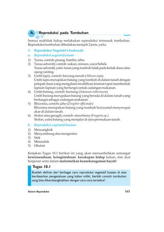Sistem Reproduksi 161
Tugas 10.1
Semua makhluk hidup melakukan reproduksi termasuk tumbuhan.
Reproduksi tumbuhan dibedakan menjadi 2 jenis, yaitu:
1. Reproduksi Vegetatif (Aseksual)
a. Reproduksi vegetatif alami
1) Tunas, contoh: pisang, bambu, tebu.
2) Tunas adventif, contoh: sukun, cemara, cocor bebek.
Tunas adventif, yaitu tunas yang tumbuh tidak pada ketiak daun atau
ujung ranting.
3) Umbi lapis, contoh: bawang merah (Allium cepa).
Umbi lapis merupakan batang yang tumbuh di dalam tanah dengan
pelepah daun yang mengalami modifikasi teramat rapat membentuk
lapisan-lapisan yang berfungsi untuk cadangan makanan.
4) Umbi batang, contoh: kentang (Solanum tuberosum)
Umbi batang merupakan batang yang berada di dalam tanah yang
berfungsi sebagai cadangan makanan.
5) Rhizoma, contoh: jahe (Zingiber officinale)
Rhizoma merupakan batang yang tumbuh horizontal menyerupai
akar di dalam tanah.
6) Stolon atau geragih, contoh: strawberry (Fragaria sp.)
Stolon, yaitu batang yang menjalar di atas permukaan tanah.
b. Reproduksi vegetatif buatan
1) Mencangkok
2) Menyambung dan mengenten
3) Stek
4) Merunduk
5) Okulasi
Kerjakan Tugas 10.1 berikut ini yang akan menumbuhkan semangat
kewirausahaan, keingintahuan, kecakapan hidup kalian, dan ikut
berperan serta dalam melestarikan keanekaragaman hayati!
Buatlah definisi dari berbagai cara reproduksi vegetatif buatan di atas
berdasarkan pengetahuan yang kalian miliki, berilah contoh tumbuhan
yang bisa dikembangbiakkan dengan cara-cara tersebut!
A. Reproduksi pada Tumbuhan
 