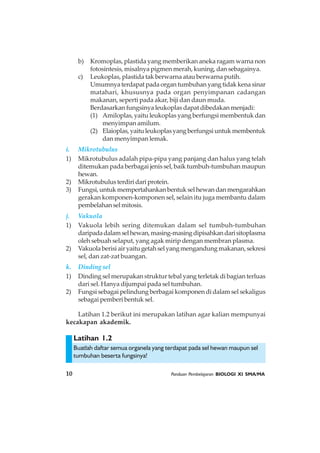 10 Panduan Pembelajaran BIOLOGI XI SMA/MA
Latihan 1.2
b) Kromoplas, plastida yang memberikan aneka ragam warna non
fotosintesis, misalnya pigmen merah, kuning, dan sebagainya.
c) Leukoplas, plastida tak berwarna atau berwarna putih.
Umumnyaterdapatpadaorgantumbuhanyangtidakkenasinar
matahari, khususnya pada organ penyimpanan cadangan
makanan, seperti pada akar, biji dan daun muda.
Berdasarkan fungsinya leukoplas dapat dibedakan menjadi:
(1) Amiloplas, yaitu leukoplas yang berfungsi membentuk dan
menyimpan amilum.
(2) Elaioplas,yaituleukoplasyangberfungsiuntukmembentuk
dan menyimpan lemak.
i. Mikrotubulus
1) Mikrotubulus adalah pipa-pipa yang panjang dan halus yang telah
ditemukan pada berbagai jenis sel, baik tumbuh-tumbuhan maupun
hewan.
2) Mikrotubulusterdiridariprotein.
3) Fungsi,untukmempertahankanbentukselhewandanmengarahkan
gerakan komponen-komponen sel, selain itu juga membantu dalam
pembelahanselmitosis.
j. Vakuola
1) Vakuola lebih sering ditemukan dalam sel tumbuh-tumbuhan
daripadadalamselhewan,masing-masingdipisahkandarisitoplasma
oleh sebuah selaput, yang agak mirip dengan membran plasma.
2) Vakuolaberisiairyaitugetahselyangmengandungmakanan,sekresi
sel, dan zat-zat buangan.
k. Dinding sel
1) Dinding sel merupakan struktur tebal yang terletak di bagian terluas
dari sel. Hanya dijumpai pada sel tumbuhan.
2) Fungsi sebagai pelindung berbagai komponen di dalam sel sekaligus
sebagai pemberi bentuk sel.
Latihan 1.2 berikut ini merupakan latihan agar kalian mempunyai
kecakapan akademik.
Buatlah daftar semua organela yang terdapat pada sel hewan maupun sel
tumbuhan beserta fungsinya!
 