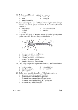 16. Nefrostom adalah alat pengeluaran pada . . . .
a. urine d. air ludah
b. feses e. keringat
c. karbondioksida
17. Jikasesoerangsamasekalitidakmampumengeluarkanurinenya
karena kerusakan ginjal secara total, maka orang tersebut
menderita . . . .
a. gagal ginjal d. diabetesinsipidus
b. uremia e. anemia
c. nefitis
18. Berikutadalahstrukturselsaraf.Bagianyangditujupadagambar
pada nomor 1, 2, dan 3 berturut-turut adalah . . . .
a. akson, badan sel, nodus Ranvier
b. dendrit, badan sel, akson
c. dendrit,badansel,nodusRanvier
d. myelin, badan sel, akson
e. akson, badan sel, cabang akson
19. Obat yang menyebabkan pusat saraf menjadi positif dinamakan
. . . .
a. obat stimulan d. obatdisinfeksi
b. obathalusinogen e. obat adiktif
c. obatdepresan
20. Pada waktu hamil, terbentuknya FSH dicegah oleh . . . .
a. progesterondanestrogendariovarium
b. progesteron dan estrogen dari plasenta
c. progesteron dan estrogen selama kehamilan
d. progesterondanestrogendarikorpusluteum
e. progesteron, estrogen, dan LH
1
2
3 4
5
6
Evaluasi Akhir 189
 