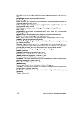 192 Panduan Pembelajaran BIOLOGI XI SMA/MA
Kontraksi. Pengerutan (sehingga menjadi berkurang panjangnya, penegangan/mengerut (tentang
otot).
Koronariasis. Peristiwa penyumbatan arteri koroner.
Kranium. Tengkorak.
Kronis. Berjangkit terus dalam waktu yang lama/menahun (tentang penyakit yang melanda diri
seseorang) yang tidak sembuh-sembuh.
Kultur jaringan. Membudidayakan suatu jaringan tanaman menjadi tanaman baru yang
mempunyai sifat seperti induknya.
Kutikula. Lapisan pada permukaan kulit yang terdiri atas bagian sel yang telah mati.
Lobi. Ruangan.
Metabolisme. Pembentukan dan penguraian zat di dalam badan yang memungkinkan
berlangsungnya hidup.
Miofibril. Serabut-serabut halus pada otot yang terdiri dari protein miosin dan aktin.
Nefron. Unit fungsional ginjal, bagian ginjal yang berekskresi.
Nodus. Bagian batang (tanaman yang agak membengkok, tempat tumbuh daun dan tunas).
Osifikasi. Proses pembentukan tulang/penulangan.
Peristaltik. Perihal gelombang kontraksi berturut-turut pada alat pencernaan yang mendorong
sisa makanan ke arah anus.
Plasenta. Organ berbentuk cakram yang menghubungkan janin dengan dinding rahim yang
menjadi jalan perantara bagi pernafasan, pemberian makanan, dan pertukaran zat buangan antara
janin dan darah ibu, keluar dari rahim mengikuti janin yang baru lahir, ari-ari tembuni.
Pronasi. Gerak memutar lengan sehingga telapak tangan menelungkup.
Regulasi. Pengaturan.
Relaksasi. Pengenduran, pemanjangan (tentang otot).
Sekresi. Pengeluaran hasil kelenjar atau sel secara aktif.
Sekresi. Pengeluaran hasil kelenjar atau sel secara aktif.
Sekresi. Pengeluaran hasil kelenjar/sel secara aktif.
Sinartrosis. Suatu sistem persendian pada tulang yang tidak dapat digerakkan seperti terjadi
pada persambungan tulang-tulang tengkorak.
Sistem alimentasi. Sistem pencernaan makanan.
Skeleton. Rangka.
Stratum granulosum. Lapisan pada epidermis kulit yang berpigmen.
Totipotensi. Kemampuan sel tumbuhan untuk tumbuh menjadi tanaman yang sempurna bila
diletakkan dalam lingkungan yang sesuai.
Tranfusi. Pemindahan/pemasukan obat atau darah dan sebagainya kepada orang yang
memerlukan.
Vitellus. Globulin telur.
 