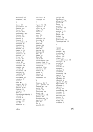Indeks 195
glikogen 98
glikolisis 119
glikoprotein 176
gliserol 98
glison 131
globulin 79
glomerulus 128
glotis 114
glukosa 11, 98
gonad 147
gonore 169
gradien 11
granuler 43
granulosum 130
Gymnospermae 25
H
HCl 105
heksosa 98
hemisfer 143
hemolimfa 70
heparin 175
hepatica 131
hepatis 131
hernia abdominalis 63
heterogen 39
hewani 99
hialin 55
hidatoda 27
hidrogen 7
hidrolisis 98
hidrolitik 9
hidrostatik 114
higienis 97
hipertensi 85
hipertonis 11
hipertrofi 62
hipofisis 101, 144
hipotalamus 144
hipotensi 85
hipotonis 11
histologi 37
homeostasis 146
homogen 39
homolimf 69
horizontal 161
hormon 38
humerus 54
hymen 166
hyoideus 52
duodenum 106
duramater 143
E
Efektor 141
ejaculatorius 164
ejakulasi 165
eksem 134
ekskresi 9,127
eksoftalmus 148
eksokrin 38
ekspirasi 114
eksplan 30
ekstensi 59
ekstensibilitas 59
ekstensor 59
eksudatif 61
ektoderm 37
elaioplas 10
elastis 42, 56
elastisitas 59
elefantiasis 85
elektron 119
elevasi 60
elevator 59
embolus 85
embrio 29
embrional 37
emfisema 120
empedu 130
empulur 26
endodermis 24
endokrin 38
endolimfe 152
endotel 38
endotoksin 180
entoderm 37
enzim 9
eosin 43
eosinofil 43, 175
epidermis 4, 19
epiglotis 56, 117
epilepsi 155
epineprin 149
epitel 37
eritroblastosit foetalis 85
eritrosit 75
esensial 97
esofagus 105
estrogen 150
eter 99
ethmoidal 52
eustachius 56
evaporasi 26
F
Fagosit 76, 175
fagositosis 76
faring 56, 114
felogen 19
femur 54
ferum 7
feses 106
fetus 81
fibrinogen 78
fibroblast 42
fibrosa 56
fibula 54
filamen 114
filtrasi 128
filtrat 128
fimbriae 165
fisiologik 62
fleksi 59
fleksor 59
floem 22
folikel 147
folikel de graaf 150
foramen ovale 81
foramen panizzae 73
fosfatid 99
fosfolipid 99,165
fotosintesis 10
fraktura 60
frontal 52
fruktosa 11
fundus 105
fungiformis 154
G
Galaktosa 11, 98
gama - globulin 180
ganglion 41, 144
gastrin 105
gastritis 107
gastrokolik 106
genetik 84
geniohioideus 115
geragih 161
germinativum 130
gigantisme 147
ginjal 127
gizi 97
glandula 104
 