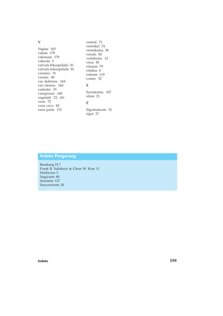 Indeks 199
Indeks Pengarang
Bambang H 7
Frank B. Salisbury & Cleon W. Ross 11
Harliyono 3
Sugiyarto 80
Sumanto 127
Suryowinoto 30
V
Vagina 165
vaksin 178
vaksinasi 178
vakuola 5
valvula bikuspidalis 81
valvula trikuspidalis 81
varietas 31
varises 86
vas deferens 164
vas eferens 164
vaskuler 19
vasopresin 148
vegetatif 23, 161
vena 72
vena cava 82
vena porta 131
ventral 71
ventrikel 74
ventrikulus 38
venule 82
vertebrata 12
virus 30
vitamin 79
vitellus 4
volume 119
vomer 52
X
Xerostomia 107
xilem 21
Z
Zigomaticum 52
zigot 37
 