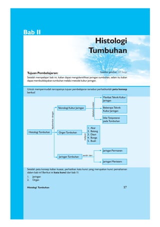 Histologi Tumbuhan 17
1. Jaringan
2. Organ
Bab II
Tujuan Pembelajaran:
Setelah mempelajari bab ini, kalian dapat mengidentifikasi jaringan tumbuhan, selain itu kalian
dapat membudidayakan tumbuhan melalui metode kultur jaringan.
Histologi
Tumbuhan
Untuk mempermudah tercapainya tujuan pembelajaran tersebut perhatikanlah peta konsep
berikut!
Setelah peta konsep kalian kuasai, perhatikan kata kunci yang merupakan kunci pemahaman
dalam bab ini! Berikut ini kata kunci dari bab 1I:
Histologi Tumbuhan 17
Sumber gambar: CD Image
Histologi Tumbuhan
Jaringan Tumbuhan
Organ Tumbuhan
Teknologi Kultur Jaringan
Manfaat Teknik Kultur
Jaringan
Beberapa Teknik
Kultur Jaringan
Sifat Totipotensi
pada Tumbuhan
1. Akar
2. Batang
3. Daun
4. Bunga
5. Buah
Jaringan Permanen
Jaringan Meristem
dipahamkandengan
dijelaskanmelalui
meliputi
terdiri dari
 