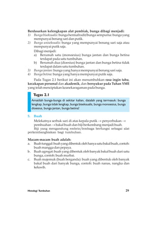 Histologi Tumbuhan 29
Tugas 2.1
Berdasarkan kelengkapan alat pembiak, bunga dibagi menjadi:
1) Bunga biseksualis: bunga hermafrodit/bunga sempurna: bunga yang
mempunyai benang sari dan putik.
2) Bunga uniseksualis: bunga yang mempunyai benang sari saja atau
mempunyai putik saja.
Dibagi menjadi:
a) Berumah satu (monoesius) bunga jantan dan bunga betina
terdapat pada satu tumbuhan.
b) Berumah dua (dioesius) bunga jantan dan bunga betina tidak
terdapat dalam satu tumbuhan.
3) Bunga jantan: bunga yang hanya mempunyai benang sari saja.
4) Bunga betina: bunga yang hanya mempunyai putik saja.
Pada Tugas 2.1 berikut ini akan menumbuhkan rasa ingin tahu,
kecakapan personal dan akademik, dan bersyukur pada Tuhan YME
yang telah menciptakan keanekaragaman pada bunga.
Amatilah bunga-bunga di sekitar kalian, datalah yang termasuk: bunga
lengkap, bunga tidak lengkap, bunga biseksualis, bunga monoesius, bunga
dioesius, bunga jantan, bunga betina!
5. Buah
Melekatnya serbuk sari di atas kepala putik → penyerbukan →
pembuahan → bakal buah dan biji berkembang menjadi buah.
Biji yang mengandung embrio/lembaga berfungsi sebagai alat
perkembangbiakan bagi tumbuhan.
Macam-macam buah adalah:
a. Buahtunggal:buahyangdibentukolehhanyasatubakalbuah,contoh:
buah mangga dan pepaya.
b. Buah agregat: buah yang dibentuk oleh banyak bakal buah dari satu
bunga, contoh: buah murbai.
c. Buah majemuk (buah berganda): buah yang dibentuk oleh banyak
bakal buah dari banyak bunga, contoh: buah nanas, nangka dan
keluwih.
 