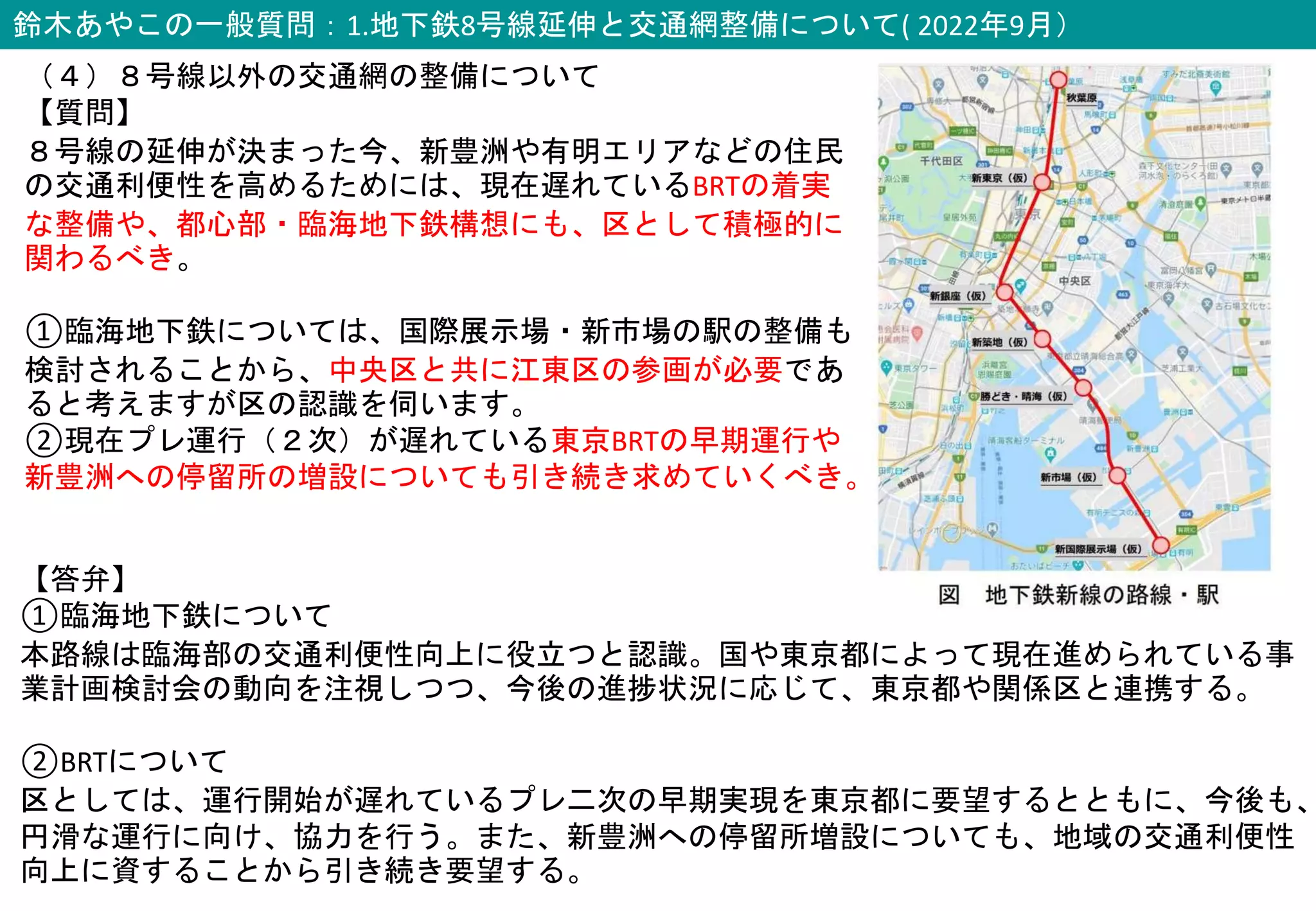 鈴木あやこの一般質問：1.地下鉄8号線延伸と交通網整備について( 2022年9月）
（４）８号線以外の交通網の整備について
【質問】
８号線の延伸が決まった今、新豊洲や有明エリアなどの住民
の交通利便性を高めるためには、現在遅れているBRTの着実
な整備や、都心部・臨海地下鉄構想にも、区として積極的に
関わるべき。
①臨海地下鉄については、国際展示場・新市場の駅の整備も
検討されることから、中央区と共に江東区の参画が必要であ
ると考えますが区の認識を伺います。
②現在プレ運行（２次）が遅れている東京BRTの早期運行や
新豊洲への停留所の増設についても引き続き求めていくべき。
【答弁】
①臨海地下鉄について
本路線は臨海部の交通利便性向上に役立つと認識。国や東京都によって現在進められている事
業計画検討会の動向を注視しつつ、今後の進捗状況に応じて、東京都や関係区と連携する。
②BRTについて
区としては、運行開始が遅れているプレ二次の早期実現を東京都に要望するとともに、今後も、
円滑な運行に向け、協力を行う。また、新豊洲への停留所増設についても、地域の交通利便性
向上に資することから引き続き要望する。
 