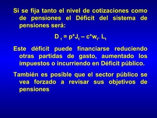 Si se fija tanto el nivel de cotizaciones como
  de pensiones el Déficit del sistema de
  pensiones será:
              D t = p*Jt – c*wt. Lt
Este déficit puede financiarse reduciendo
  otras partidas de gasto, aumentado los
  impuestos o incurriendo en Déficit público.
También es posible que el sector público se
  vea forzado a revisar sus objetivos de
  pensiones
 