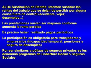 A) De Sustitución de Rentas; Intentan sustituir las
rentas del trabajo que se dejan de percibir por alguna
causa fuera de control (accidente, vejez,
desempleo...)
Las prestaciones suelen ser mayores conforme
aumenta la renta perdida
Es preciso haber realizado pagos periódicos
La participación es obligatoria para trabajadores y
   empresarios (Incapacidad temporal, pensiones y
   seguro de desempleo)
Por ser similares a pólizas de seguros privados se les
denomina programas de Cobertura Social o Seguros
Sociales
 