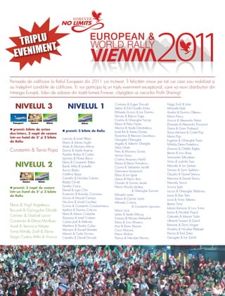 TRIPLU
            T
   EV ENIMEN

Perioada de calificare la Raliul European din 2011 s-a încheiat. Îi felicităm sincer pe toţi cei care s-au mobilizat şi
au îndeplinit condiţiile de calificare. Ei vor participa la un triplu eveniment excepţional, care va reuni distribuitori din
întreaga Europă, lideri de valoare din toată lumea Forever, câştigători ai cecurilor Profit Sharing!


   NIVELUL 3                         NIVELUL 1                         Cristiana & Eugen Dincuţă
                                                                       Ştefan & Edit Gizella Dinka
                                                                                                              Nagy Ernő & Irma
                                                                                                              Mihaiela Niţă
                                                                       Mihaela Viorica & Ion Dumitru          Aurelia & Dumitru Olteanu
                                                                       Mircea & Raluca Fage                   Maria Pascu
                                                                       Cristina & Gheorghe Farcaş             Viorica & Alexandru Petrar
                                                                       Maria & Petru Frenţiu                  Elisaveta & Alexandru Pocaznoi
  premii: bilete de avion                                              Marina & Vasile Gândulescu             Diana & Giani Podaşcă
                                    premii: 2 bilete de Raliu          Ionel Ilie & Aneta Ganea               Dana Adriana & Costel Pop
dus-întors, 3 nopţi de cazare
                                                                       Florentina & Benone Gavrilescu         Maria Pop
într-un hotel de 5* şi 2 bilete   Luminiţa & Ionel Alban               Georgeta Gheorghe                      Eugenia & Gheorghe Popa
de Raliu                          Maria & Adrian Arghir                Angela & Valentin Gherghe              Mihăiţa Elena Postelnicu
                                  Vasile & Mariana Arhirie             Silvia Ghiţă                           Zenovia & Cătălin Riglea
Constantin & Tania Popa           Dorina & Vasile Arsenie              Petru & Mariana Gorea
                                  Aszalos Ibolya & Csaba                                                      Ileana & Liviu Roaş
                                                                       Axinia Grecu
                                  Leonora & Florea Baciu                                                      Smaranda Sălcudean
                                                                       Cristina Anişoara Herbil
                                  Elena & Constantin Bălan                                                    Victor & Ludmila Sass
   NIVELUL 2                      Bandi Attila & Izabella
                                                                       Petrea & Elena Humelnicu
                                                                       Carina & Sebastian Iacătă              Marcela & Ion Şerban
                                  Aurica Barbu                         Genoveva Ianişevschi                   Simona & Sorin Spătariu
                                  Cătălina Bejan                       Elena & Ion Ignat                      Claudia & Daniel Stanciu
                                  Camelia & Nicolae Catrina            Liliana & Marin Ilina                  Mariana & Daniel Stancu
                                  Rădiţa Chiriţă                       Claudia & Dumitru Istrate              Marcela Stoica
                                  Fenelia Ciaca                        Maria Mioriţa Lăcătuş                  Viorica Şuţă
  premii: 3 nopţi de cazare
                                  Daniel & Ligia Cifor                                & Gheorghe Duruian      Lucica & Gheorghe Tăbăcaru
într-un hotel de 5* şi 2 bilete
                                  Ecaterina & Romulus Cioroianu        Mihaela Lauko                          Laura & Dan Tatic
de Raliu
                                  Viorica & Marcel Cismaru             Liliana & Ciprian Lazăr                Lucia & Victor Teleanu
                                  Niculina & Viorel Ciuchea            Mihaela Cristina
Elena & Virgil Angelescu                                                                                      Ileana Timiş
                                  Corina & Constantin Constantinescu                  & Constantin Lipovanu
                                                                                                              Iuliana Ramona & Liviu Toma
Bucurel & Gyöngyike Ghirdă        Vasilica & Dumitru Crăciun           Maria Luca
                                                                                                              Ioana & Nicolae Traşcă
                                  Elena & Adrian Cristache             Letiţia & Vasile Mărcuş
Carmen & Gabriel Larion                                                                                       Gabriela & Marian Tudor
                                  Anişoara & Ionel Cristean            Victoria & Mircea Mehedinţi
Constanţa & Dănuţ Mei-Roşu        Csoma Josif & Melinda                Elena & Liviu Minescu                  Ulbrecht Susana & Gavril
Aurel & Veronica Meşter           Marilena & Teodor Culişir            Ana & Romu Mocan                       Ramona & Dorin Vingan
                                  Mariana & Daniel Demeter             Coca Mocanu                            Ariadna & Nicolae Vlăduşel
Toma Mihály Zsolt & Elena                                                                                     Florica & Emil Zaha
                                  Marian & Carla Dicianu               Maria Molnar
Varga Csaba Attila & Viorica      Camelia & Daniel Dincuţă             Florica & Neculae Moraru               Georgeta & Ion Zamfir
 