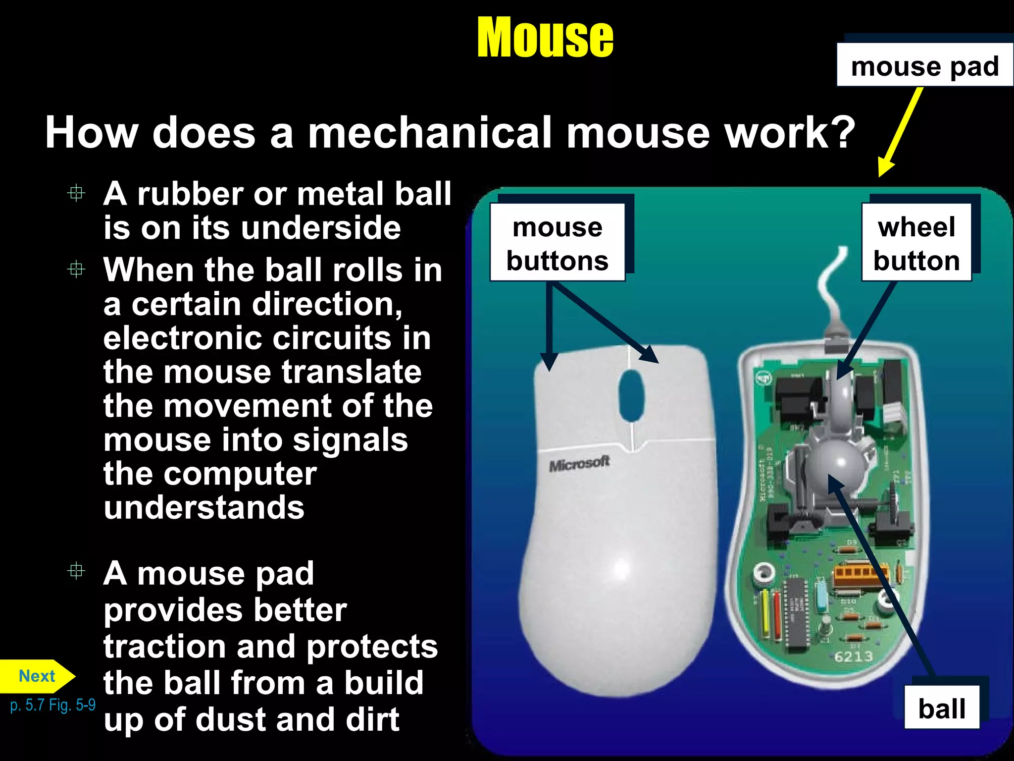 A rubber or metal ball is on its underside When the ball rolls in a certain direction, electronic circuits in the mouse translate the movement of the mouse into signals the computer understands Mouse How does a mechanical mouse work? A mouse pad provides better traction and protects the ball from a build up of dust and dirt p. 5.7 Fig. 5-9 mouse   pad ball wheel button mouse   buttons Next 
