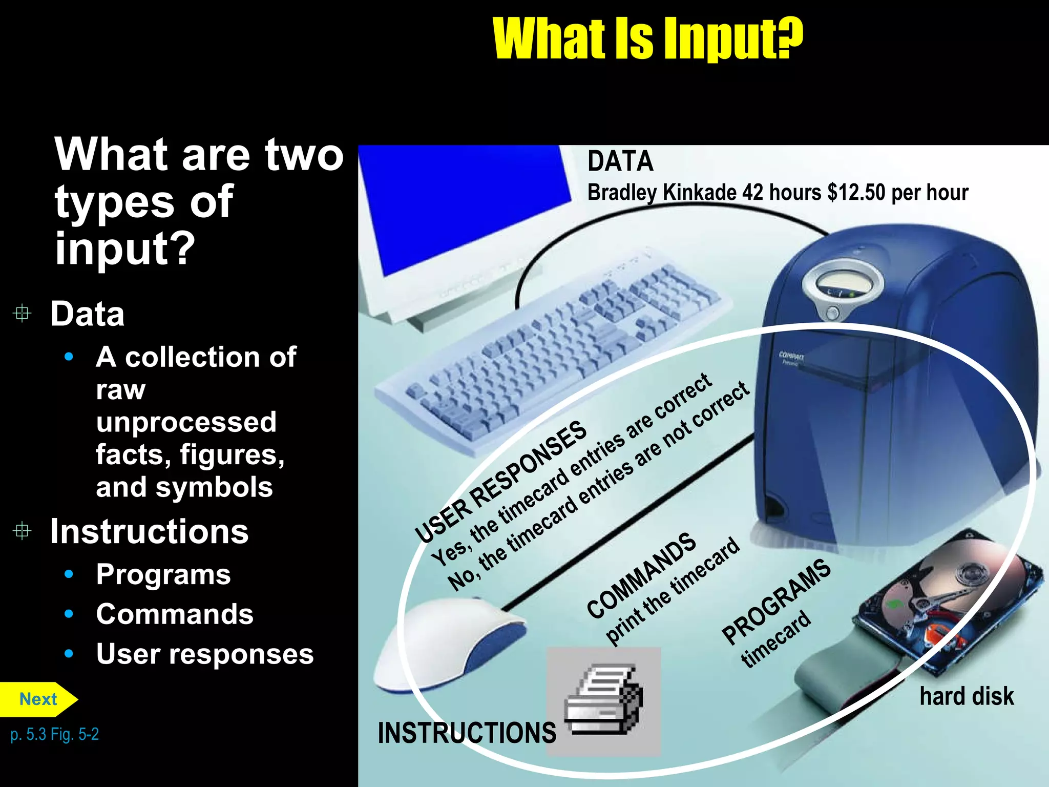 What Is Input? What are two types of input? Data A collection of raw unprocessed facts, figures, and symbols Instructions Programs Commands User responses DATA  Bradley Kinkade 42 hours $12.50 per hour hard disk INSTRUCTIONS p. 5.3 Fig. 5-2 COMMANDS print the timecard PROGRAMS timecard USER RESPONSES Yes, the timecard entries are correct No, the timecard entries are not correct Next 