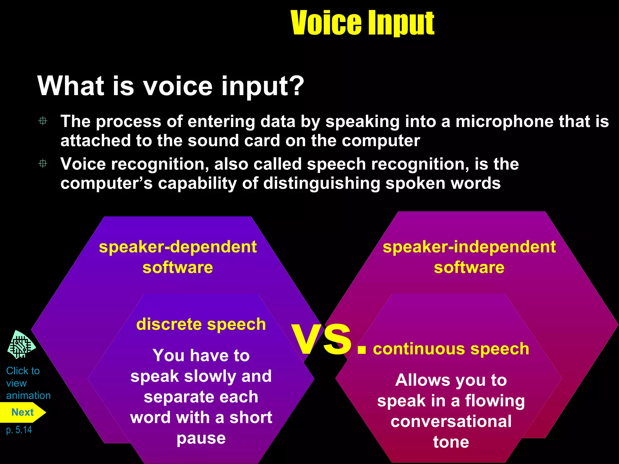 Voice Input What is voice input?  The process of entering data by speaking into a microphone that is attached to the sound card on the computer Voice recognition, also called speech recognition, is the computer’s capability of distinguishing spoken words Click to  view animation p. 5.14 speaker-dependent software The computer makes a profile of your voice You have to train the computer to recognize your voice speaker-independent software Has a built-in set of word patterns You do not have to train a computer to recognize your voice vs. speaker-dependent software speaker-independent software continuous speech Allows you to speak in a flowing conversational tone discrete speech You have to speak slowly and separate each word with a short pause vs. Next 