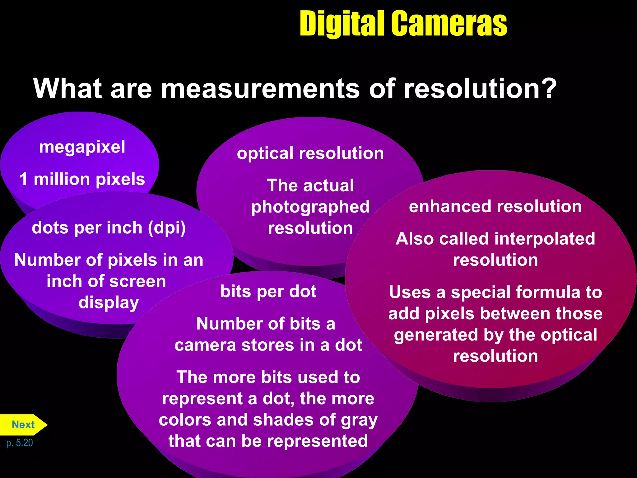 Digital Cameras What are measurements of resolution?  p. 5.20 megapixel 1 million pixels optical resolution The actual photographed resolution dots per inch (dpi) Number of pixels in an inch of screen  display bits per dot Number of bits a  camera stores in a dot The more bits used to represent a dot, the more colors and shades of gray that can be represented enhanced resolution Also called interpolated resolution Uses a special formula to add pixels between those generated by the optical resolution Next 