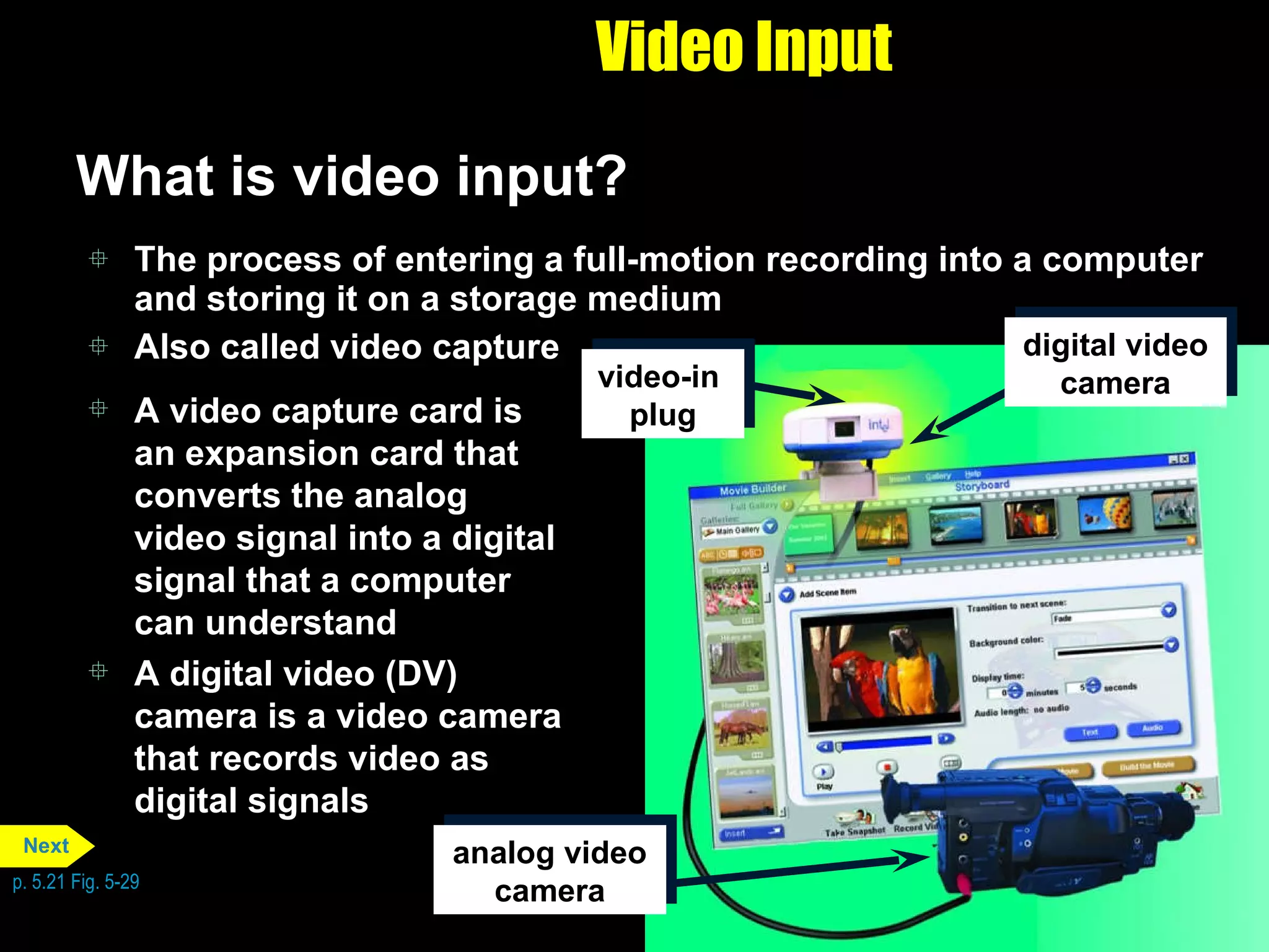 Video Input What is video input? The process of entering a full-motion recording into a computer and storing it on a storage medium Also called video capture A video capture card is an expansion card that converts the analog video signal into a digital signal that a computer can understand A digital video (DV) camera is a video camera that records video as digital signals p. 5.21 Fig. 5-29 analog video camera video-in  plug digital video camera Next 