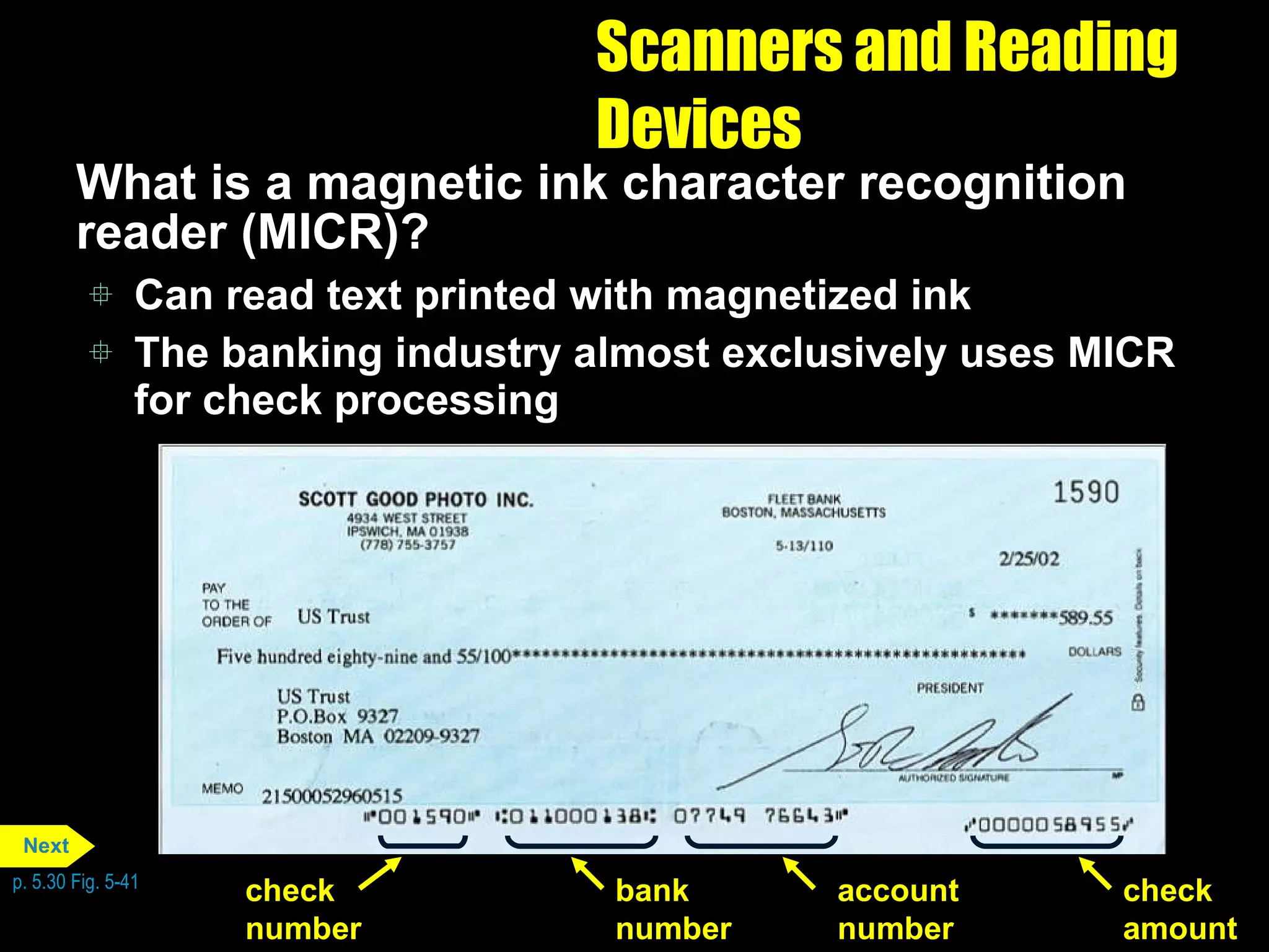 Scanners and Reading Devices What is a magnetic ink character recognition reader (MICR)? Can read text printed with magnetized ink The banking industry almost exclusively uses MICR for check processing p. 5.30 Fig. 5-41 check number bank number check amount account number Next 