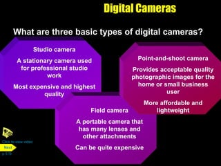 Digital Cameras What are three basic types of digital cameras? Click to view video p. 5.19 Studio camera A stationary camera used for professional studio work Most expensive and highest quality Field camera A portable camera that has many lenses and other attachments Can be quite expensive Point-and-shoot camera Provides acceptable quality photographic images for the home or small business user More affordable and lightweight Next 