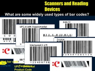 Scanners and Reading Devices What are some widely used types of bar codes? p. 5.29 Fig. 5-40 Libraries, blood banks, and air parcel carriers Codabar Code 39 Nonretail applications such as manufacturing, inventory, military, and health applications requiring numbers and letters in the bar code EAN – European  Article Numbering Similar to UPC, except used in Europe. A variation of EAN is used for ISBN numbers on books Interleaved 2 of 5 Nonretail applications, such as game tickets, requiring only numbers in the bar code POSTNET – Postal  Numeric Encoding  Technique U.S. Postal Service to represent a postal code or delivery point code Supermarkets, convenience, and specialty stores used to identify manufacturers and products UPC – Universal  Product Code Magazines and books to display a Web page Web bar code Next 