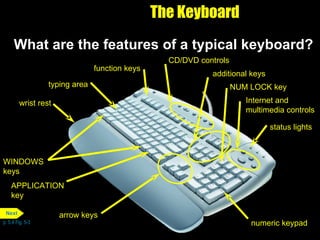 The Keyboard What are the features of a typical keyboard? p. 5.4 Fig. 5-3 NUM LOCK key function keys APPLICATION key WINDOWS keys status lights numeric keypad additional keys Internet and multimedia controls arrow keys CD/DVD controls wrist rest typing area Next 