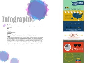 InfographicDescription
An infographic with some fun, random facts about traveling that can inspire you to want to
travel more.
Date
June 8, 2016
Programs
Illustrator & InDesign
Objective
Create an infographic that organizes data in a visually pleasing way.
Process
I started brainstorming some topics and I originally wanted to do an infographic on child sleep,
but I struggled figuring out how I wanted to represent the data. After spending lots of time
researching children’s sleep, I switched my focus to fun travel facts and started researching that
instead. I found 5 fun facts that provided specific data that I thought would be good for the
infographic. I chose travel because I already had some free use graphics that I could use that fit
that theme. Next I opened up Illustrator and started on my Infographic. I created the pie charts
and organized the other graphics to help organize all the data.
 